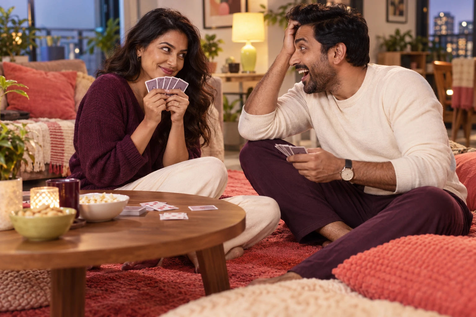 An adult couple sharing a playful card-game moment