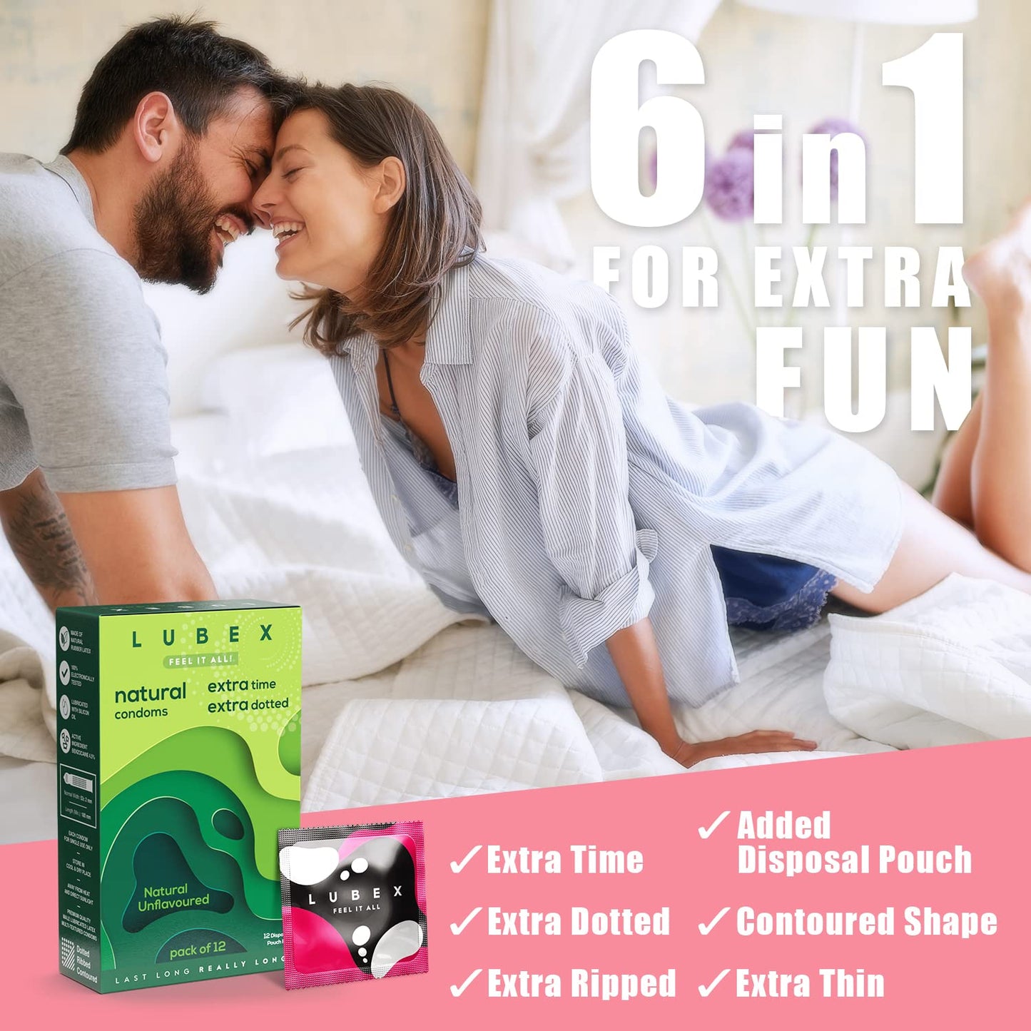 Lubex 6 in 1 Extra Time Condoms with Disposable Bags - Ultra Thin & Extra Dotted - Natural Unflavoured - 36 Condom (Pack of 3)