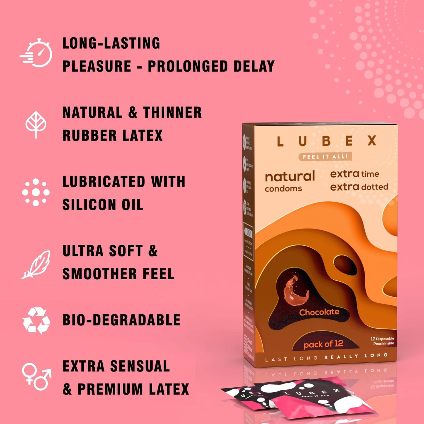 Lubex 6 in 1 Long Lasting Condoms with Disposable Bags - Ultra Thin & Extra Dotted - 12 Condom (Pack of 1)