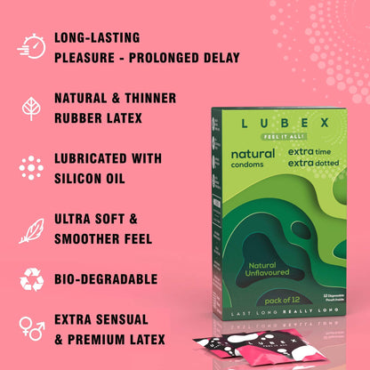 Lubex 6 in 1 Long Lasting Condoms with Disposable Bags - Ultra Thin & Extra Dotted - 12 Condom (Pack of 1)