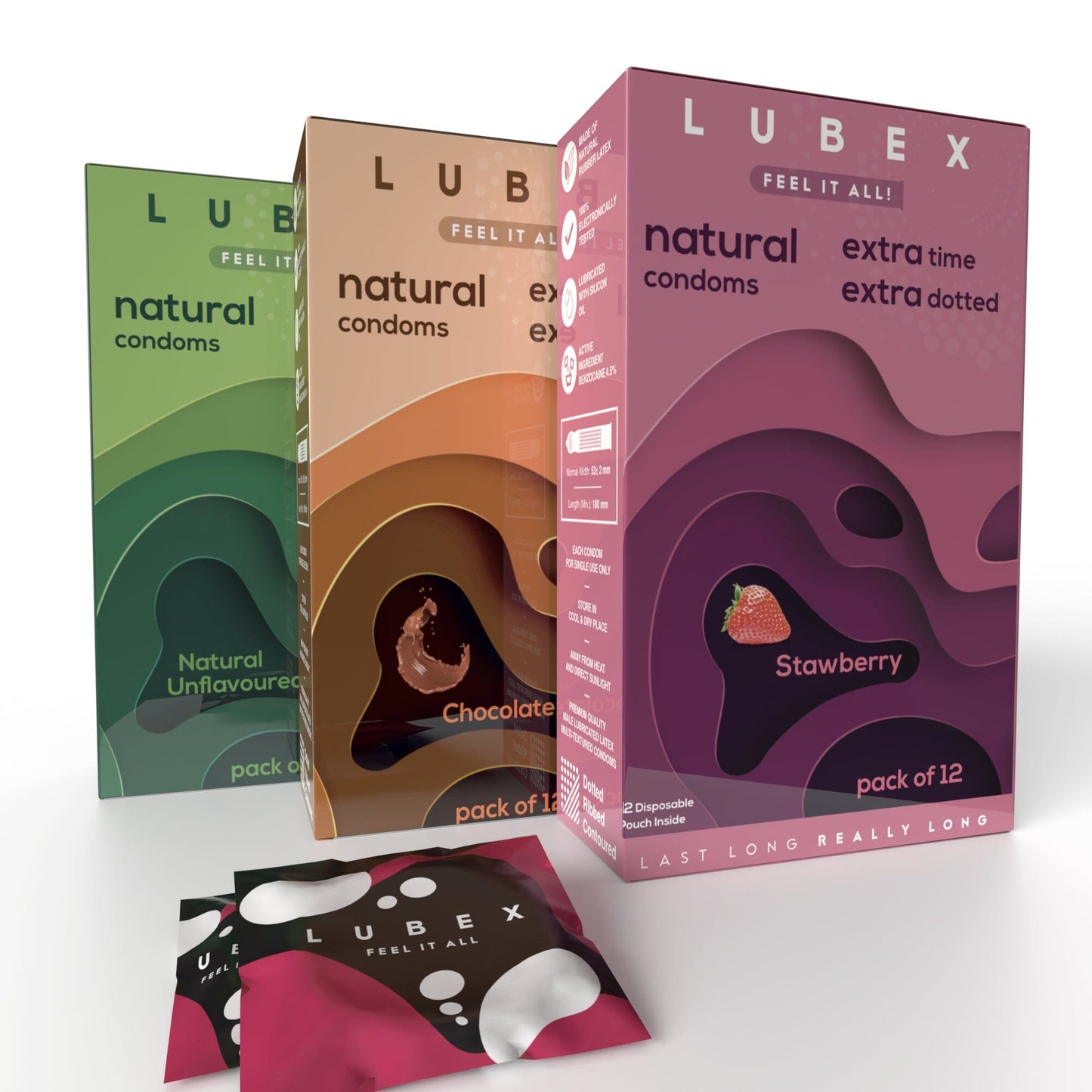 Lubex 6 in 1 Extra Time Condoms with Disposable Bags - Ultra Thin & Extra Dotted - Strawberry Flavour - 36 Condom (Pack of 3)