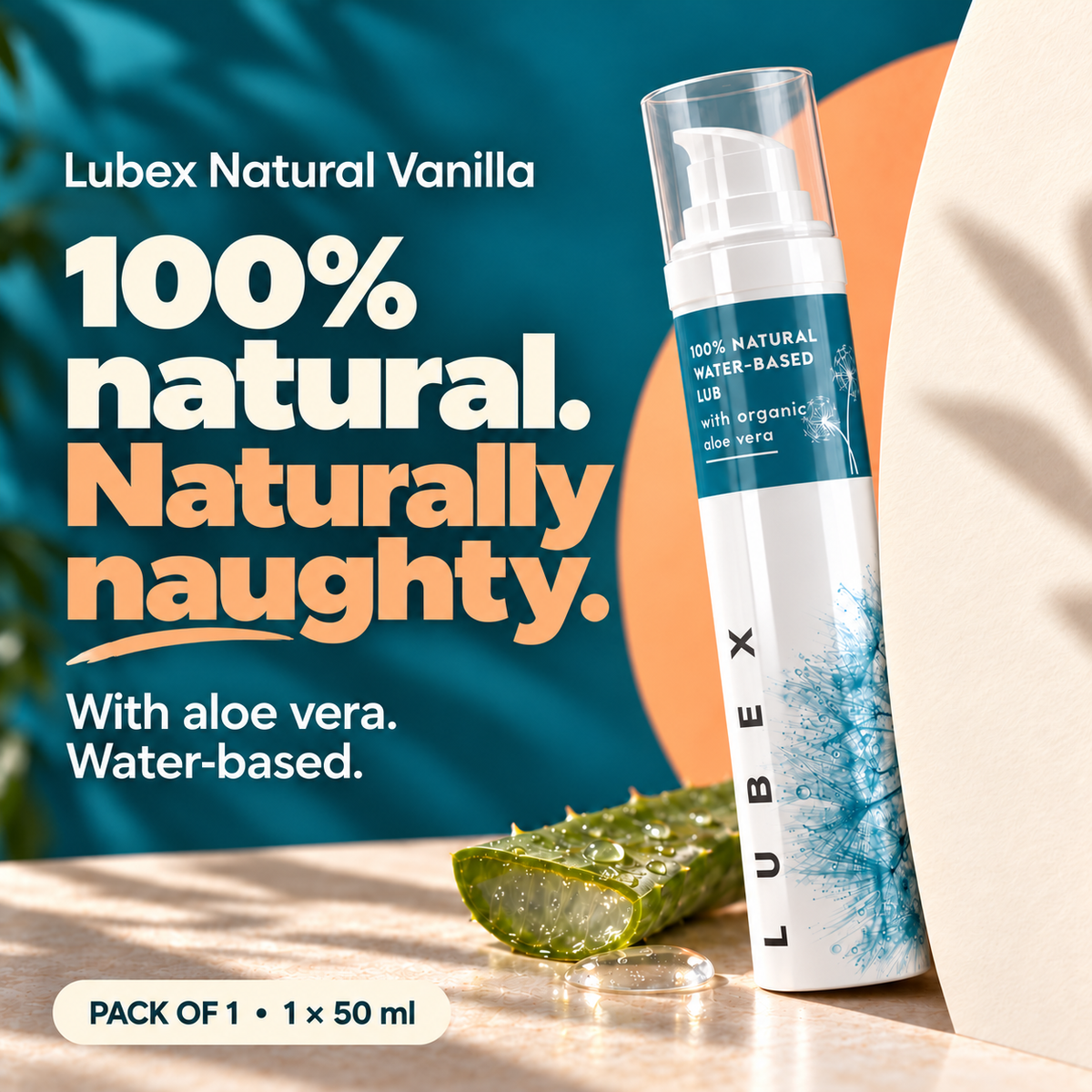 Lubex Natural Vanilla lubricant, Pack of 1: one 50 ml pump bottle with aloe vera. 100% natural. Naturally naughty.