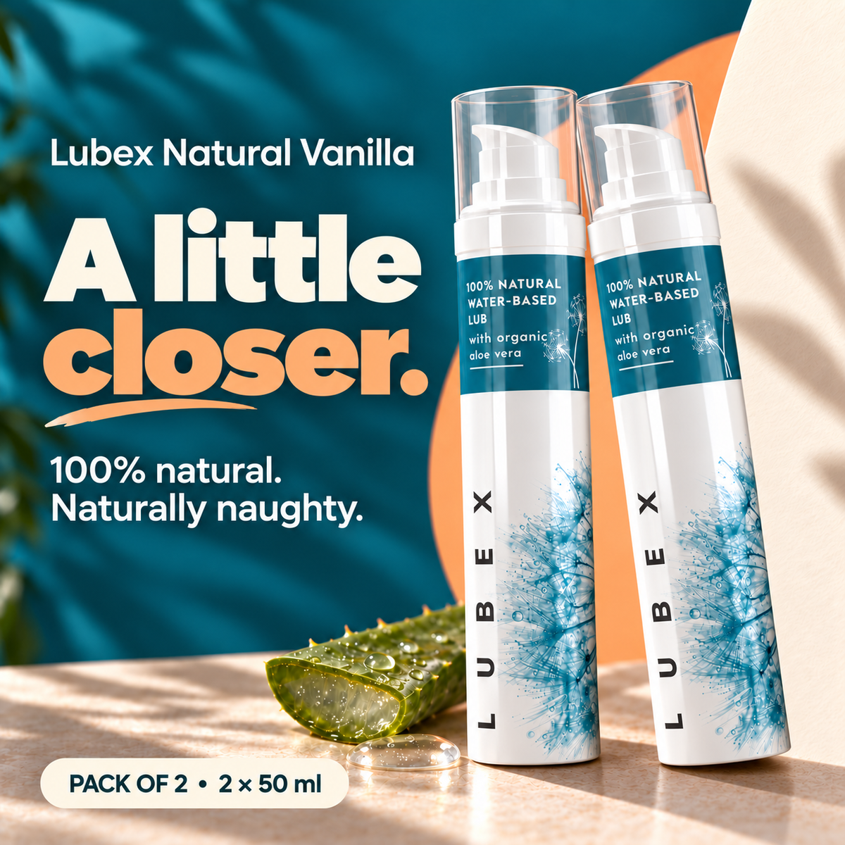 Lubex Natural Vanilla lubricant, Pack of 2: two 50 ml pump bottles. A little closer. 100% natural. Naturally naughty.