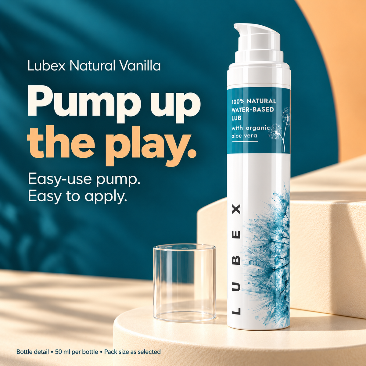 Lubex Natural Vanilla easy-use pump with cap removed. Pump up the play. Bottle detail; 50 ml per bottle, pack size as selected.