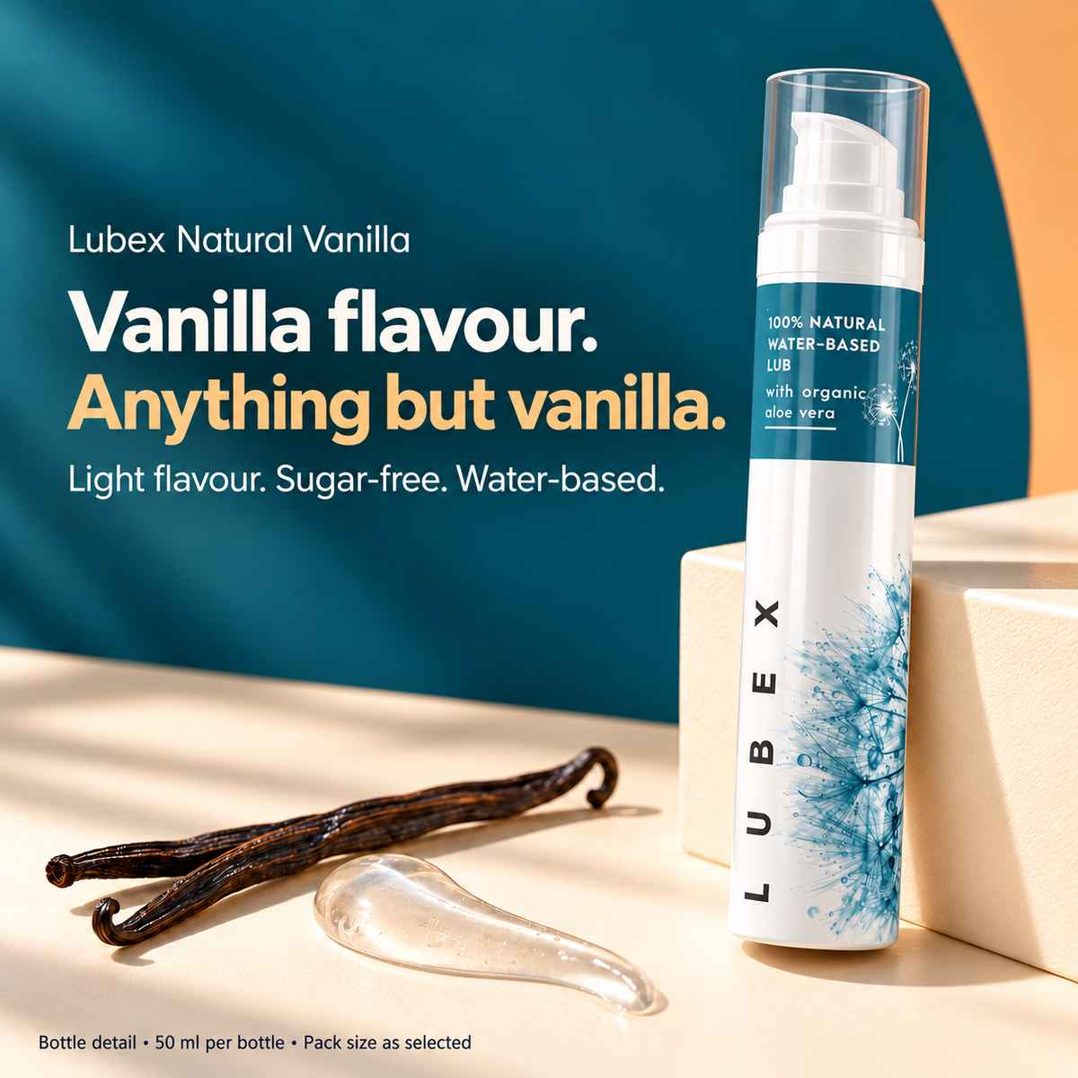 Lubex Natural Vanilla with vanilla pods: light flavour, sugar-free and water-based. Bottle detail; 50 ml per bottle, pack size as selected.