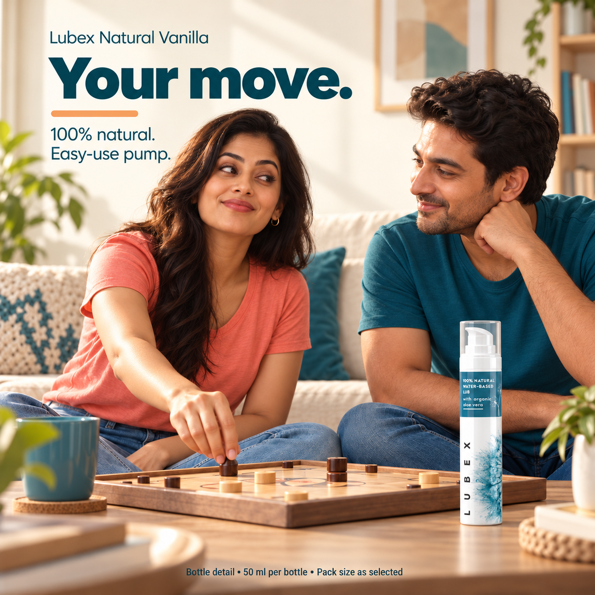 Adult couple enjoying a board game beside Lubex Natural Vanilla. Your move. Bottle detail; 50 ml per bottle, pack size as selected.