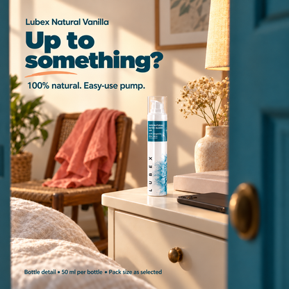 Lubex Natural Vanilla on a warmly lit bedside table. Up to something? Bottle detail; 50 ml per bottle, pack size as selected.
