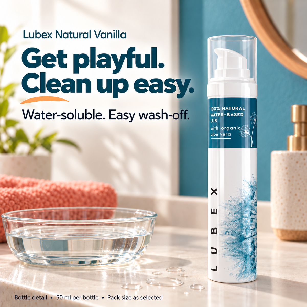 Lubex Natural Vanilla beside water and a towel. Water-soluble, easy wash-off. Bottle detail; 50 ml per bottle, pack size as selected.