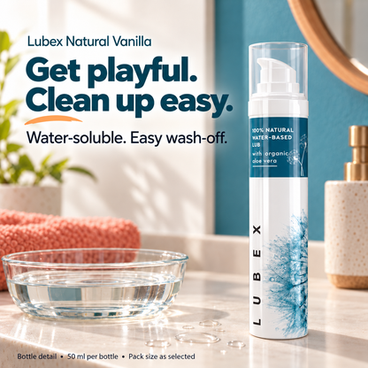 Lubex Natural Vanilla beside water and a towel. Water-soluble, easy wash-off. Bottle detail; 50 ml per bottle, pack size as selected.