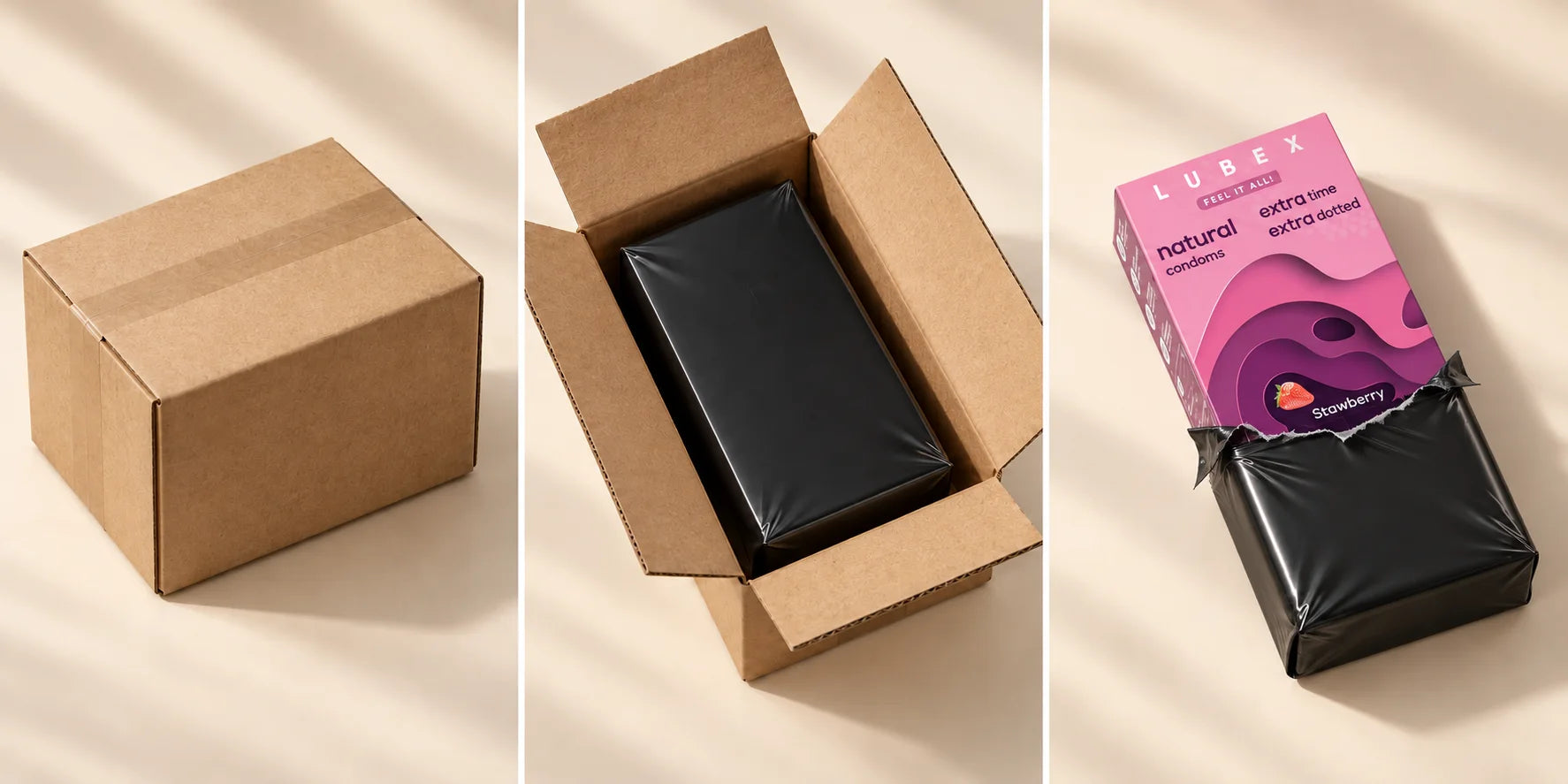 Packing illustration: an item concealed in a black sleeve inside an open outer box
