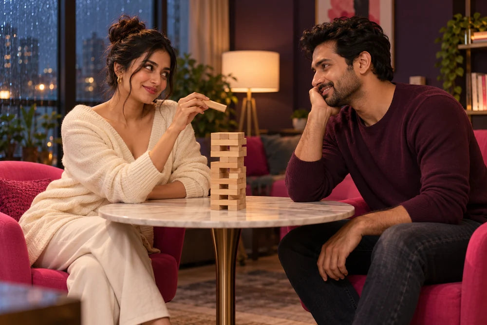 Fictional fully clothed adult couple exchange amused looks over a wooden stacking-block game.