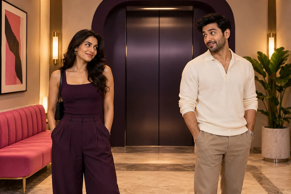 Fictional fully clothed adult couple exchange mischievous sideways glances in a lift lobby.