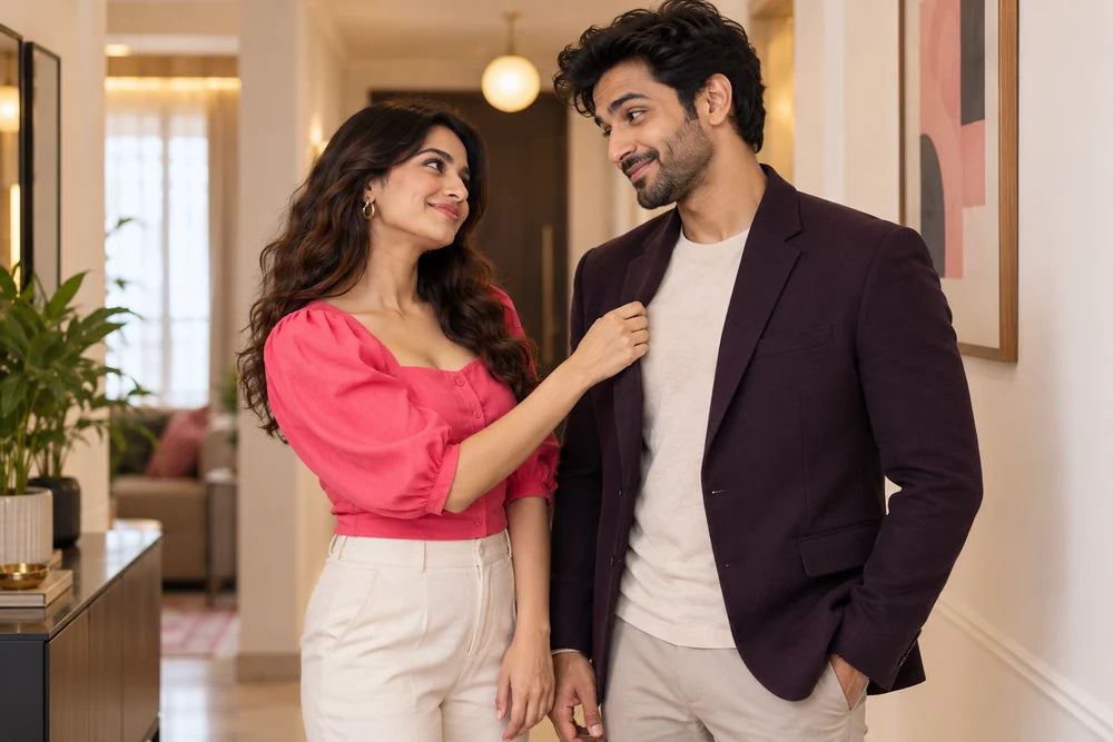 Fictional fully clothed adult woman adjusts one lapel of her partner’s jacket as they exchange teasing smiles.