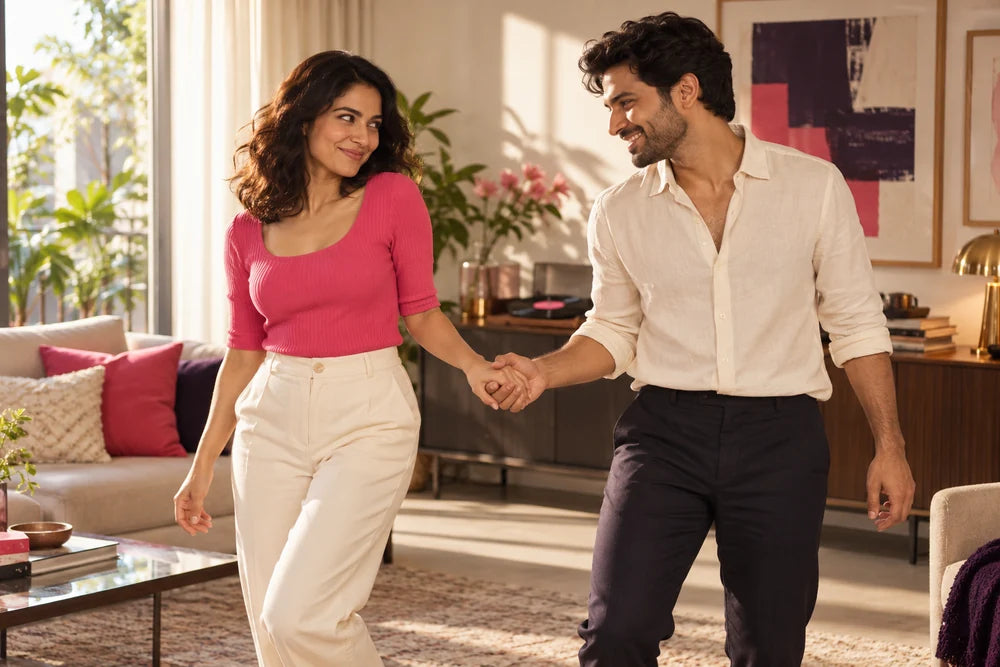 Fictional fully clothed adult couple begin a playful dance beside a record player.