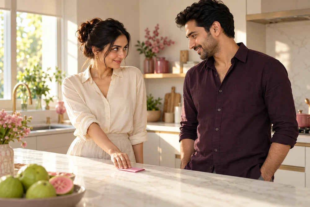 Fictional fully clothed adult couple share a teasing smile over a folded guava note at a kitchen counter.