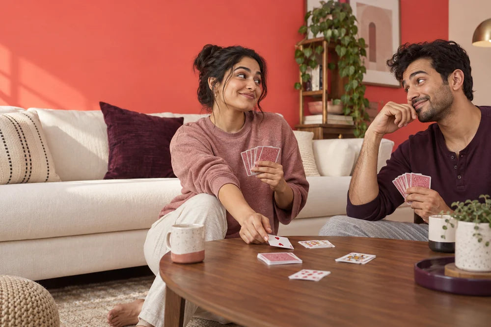 Fully clothed adults sharing a playful card-game moment.