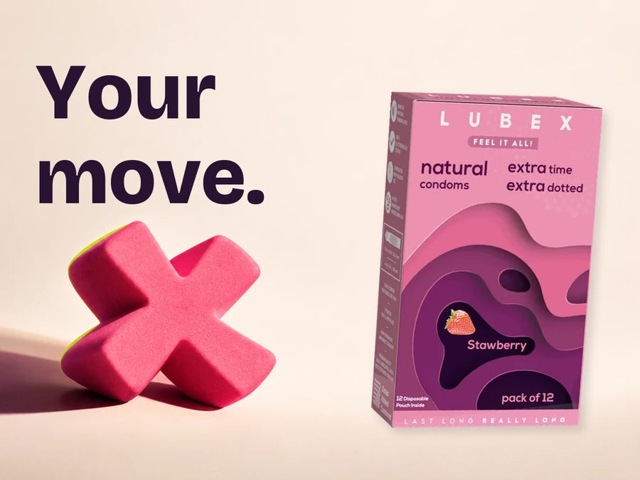 Original Lubex Strawberry condom pack beside a sculptural Guava asterisk. Your move.