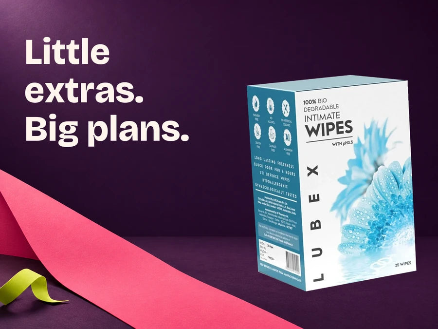 Original Lubex intimate wipes carton on Ink with a Guava paper accent. Little extras. Big plans.