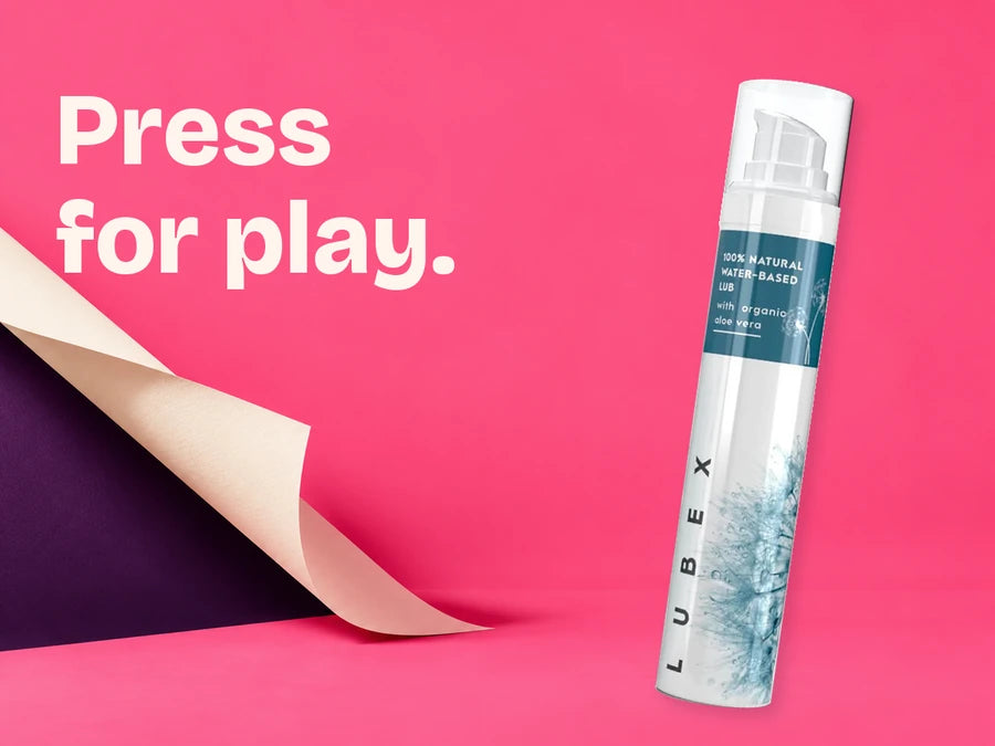 Original Lubex Natural Vanilla pump bottle in a Guava paper-reveal scene. Press for play.
