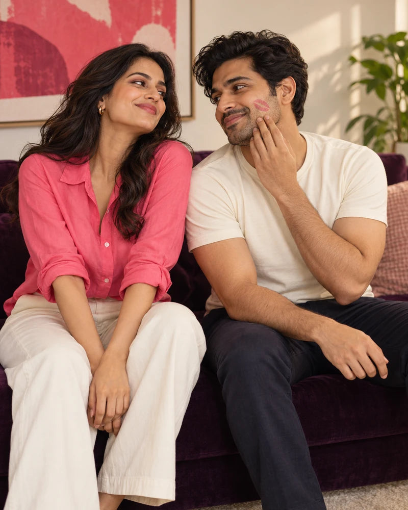 Two fully clothed adults sharing a teasing smile, with a guava lipstick kiss on his cheek.