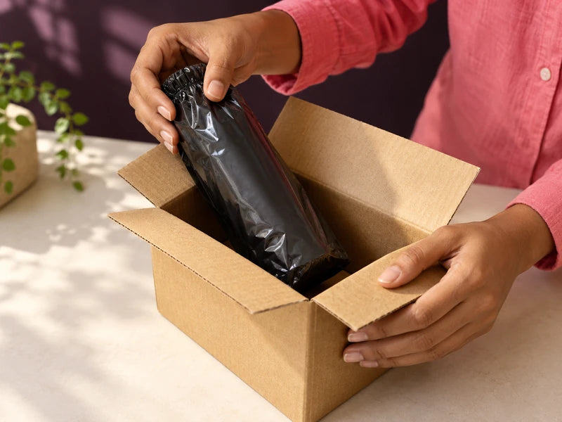 Packing illustration: adult hands lifting an opaque black shrink-film-covered item from a separate plain outer carton.
